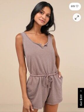 NWT Lulus Perfect Lazy Day Brown  Sleeveless Drawstring Lounge Romper XS